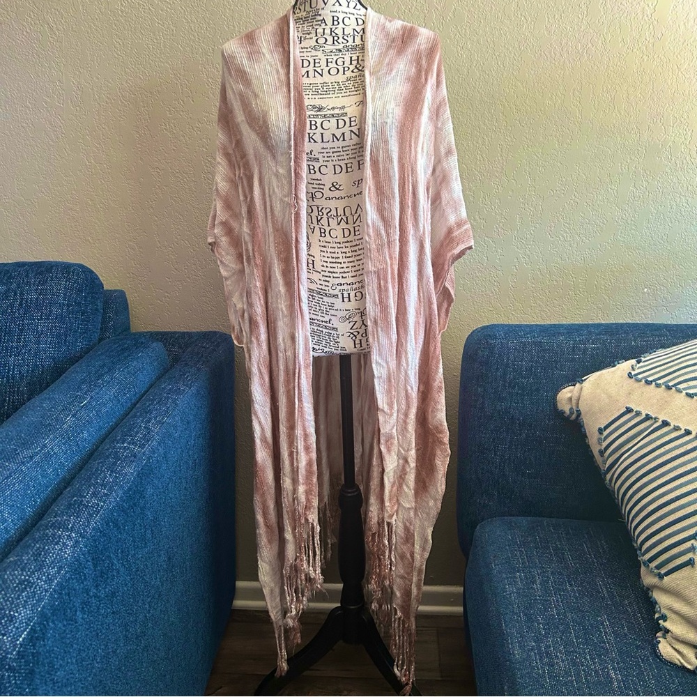 Gypsy Tie Dye Pink White Kimono Cardigan Poncho With Fringe Soft Batwing Dolman